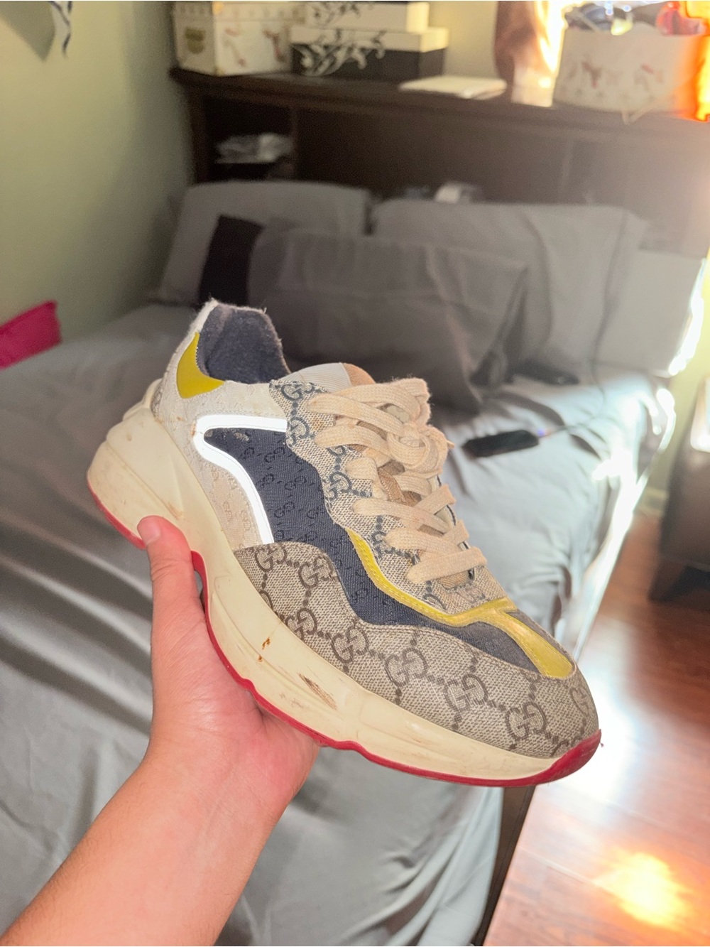 Gucci Men's Gray GG Supreme Chunky Sneaker with Yellow and Red Accents